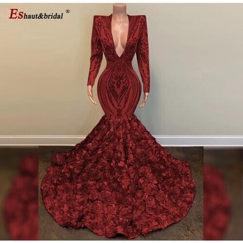 Luxury Mermaid Prom Dress 2020 Long Sleeves V Neck Sequins 3D Flowers African Black Girl Formal Party Evening Gowns