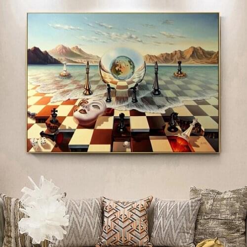 Salvador Dali Surrealism Chess Mask on Sea Canvas Paintings Abstract Posters and Prints Wall Pictures for Living Room Home Decor