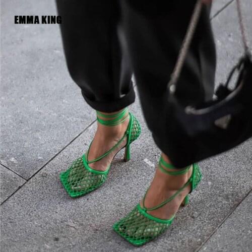 Sexy Women Sandals Hollow Air Mesh Shoes Thin High Heels Cross-tied Design Party Pumps Fashion Sandals Elegant Shoes Summer 2021