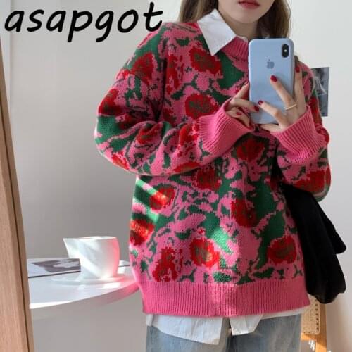 Thick Winter Sweater Heavy Jacquard Vintage Lazy Loose Chic Korean Long Sleeve Floral Printed Embroidery Knitted Sweater Coat