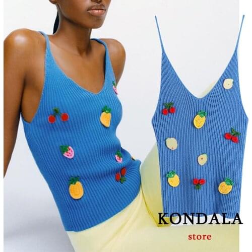 KONDALA Za Fruit Appliques Women Tanks Slim Knitted Cotton Solid Blue Croset Mujer Fashion 2021 Mujer Tops
