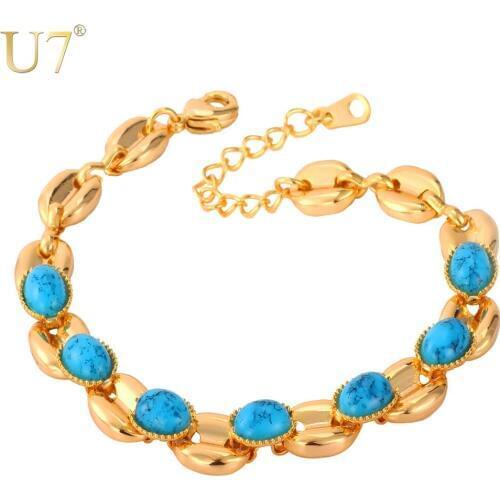 U7 Blue Stone Bracelet Gold Color Turkey Stone Jewelry Wholesale Resizable Chain Bracelet For Women H613