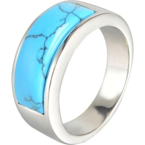 FYJS Unique Stainless Steel Circle with Green Turquoises Stone Finger Ring for Cool Men Jewelry