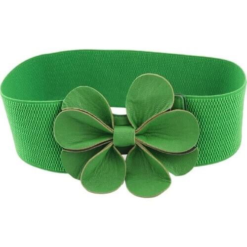 Green Faux Leather Flower 7.5cm Wide Elastic Cinch Belt for Woman