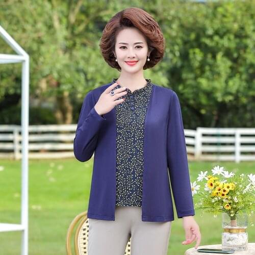Fake Two Pieces Women Printed T-shirt Long Sleeve Tops Spring Autumn Pullover Fashion Plus Size 5XL Middle Aged Mother Clothing