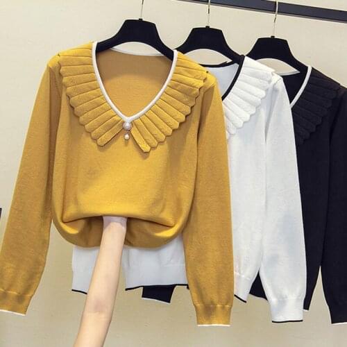 2021 Spring Autumn Womens Sweaters V-Neck Minimalist Tops Fashion Korean Style Knitting Solid Thin Pullover Black White Yellow