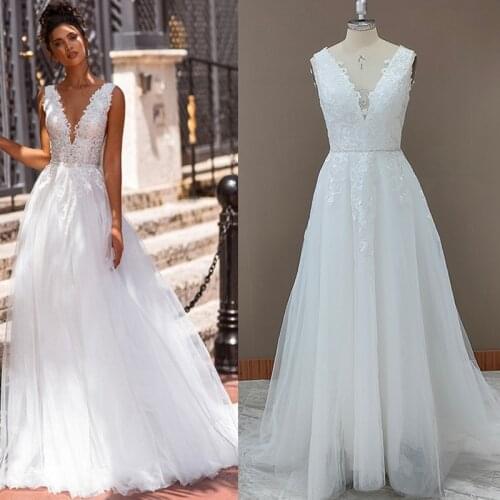 10167# Deep V-Neck Wedding Dresses Lace Sleeveless Sweep Train A-Line Backless Bridal Dress Arabic Wedding Gowns vestido novia