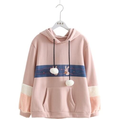 Winter Womens Fleece Pink Hoodies Sweatshirts Rabbit Print Student Top With Ear Plus Velvet Hooded Sweet Style Pullovers 209607