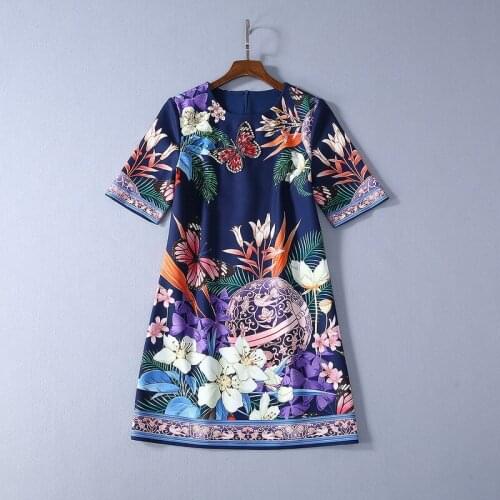 1106 2021 Free Shipping Spring Dress Crew New Short Sleeve Flora Print Beads Empire Fashion Womens Clothes SH