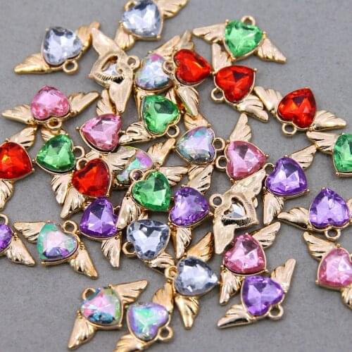 6Pcs Crystal Heart Angel Wings Charms Cute Alloy Love Shape Pendants DIY Jewelry Making Earring Necklace Accessories