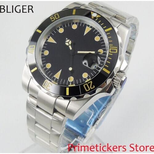 Bliger 40mm black sterile dial automatic men wristwatch sapphire glass date mental strap yellow hands