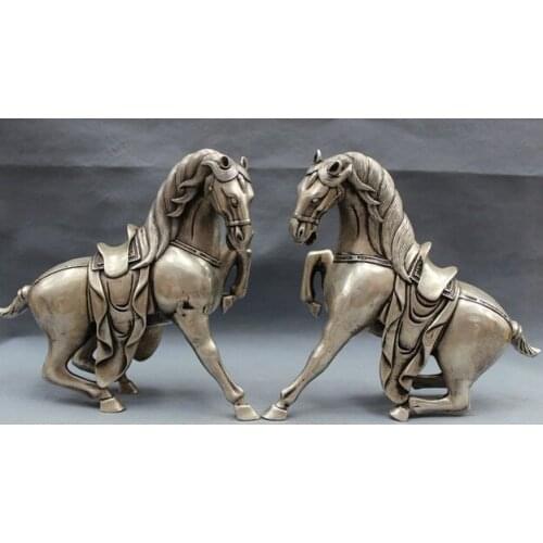 Decoration bronze factory outlets Tibet Silver 9" Chinese Silver Folk Wealth FengShui Tang Horse Gee Statue Brass Animals Pair