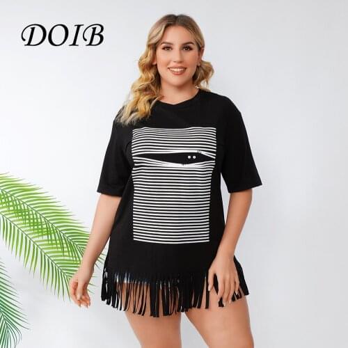 DOIB Women Black Print T-shirt Plus Size Tees Short Sleeve Tassel Loose Casual Tees 2021 Summer Large Size T-shirt