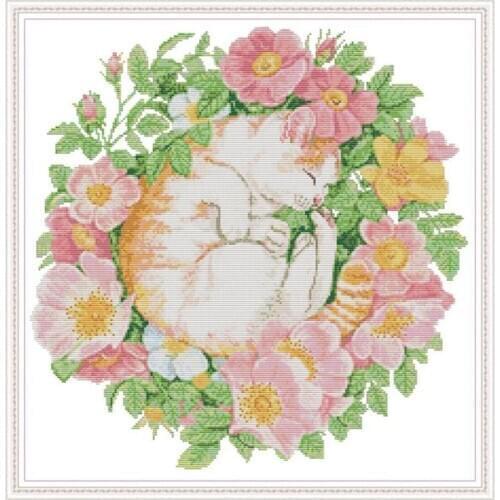 Joy Sunday Cross Stitch Stamped Kit Cat Among The Flowers 14CT 11CT Printed Cross Stitch Kits Handmade Embroidery Needlework Set
