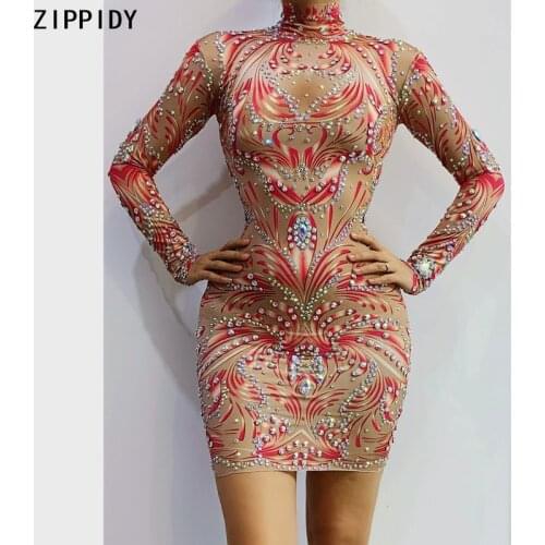 Multi-color Rhinestone Spandex Short Dress Evening Birthday Celebrate Sexy Costume Women Dancer Singer Party Show Dress