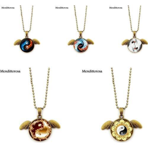 Mendittorosa Jewelry Crystal Bronze Angel Wings Necklaces Cabochon Glass Dome Handmade Jewelry Yin Yang Fish Taiji