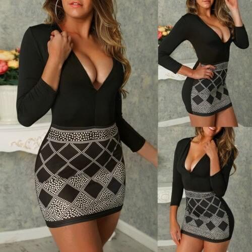 Fashion Women Dress Sexy Ladies V Neck Bodycon Floral Mini Dress Slim Bandage Long Sleeve Club Evening Party Clothing Dresses