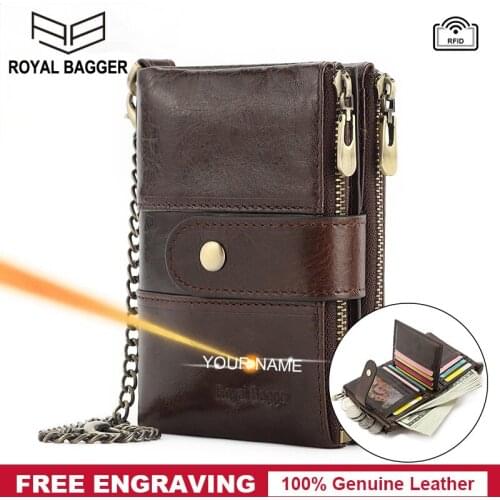 Royal Bagger Mens Short Wallet with Chain Strap RFID Block Real Genuine Cow Leather Retro Fashion Wallets Man Purse Free Engrave