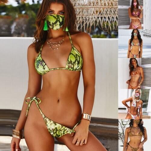 Sexy Triangle Push Up Brazilian Bikini Set snake Skin Printed Swimwear Women Beach Swimsuit Thong Bathing Suit With Mask Bathers
