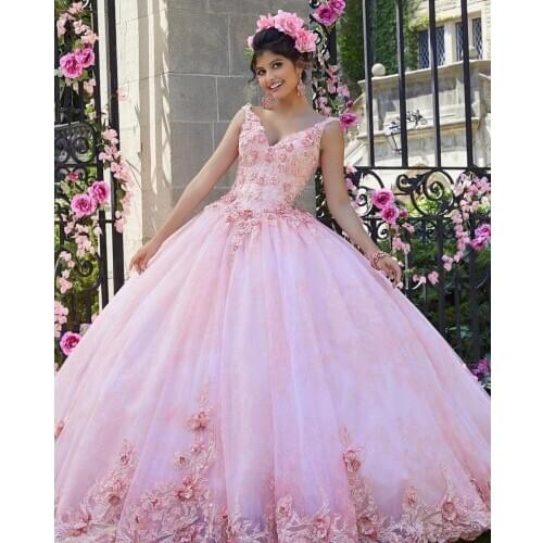 Pink Quinceanera Dress 2021 Flowers Appliques Sequins Beads Backless Party Princess Sweet 16 Ball Gown Vestidos De 15 Años