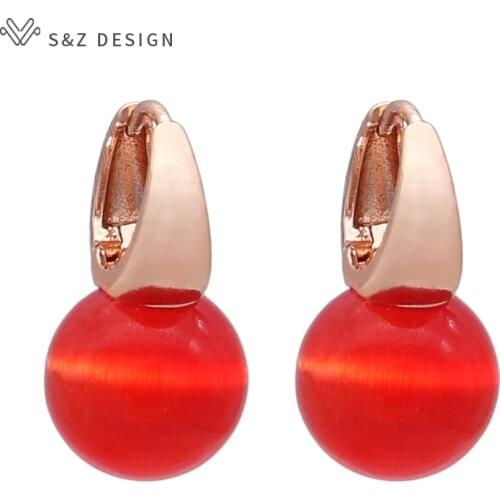 S&Z DESIGN New Fashion Temperament Round Cats Eye Opals Beads Dangle Earrings For Women Wedding Jewelry 585 Rose Gold Earring
