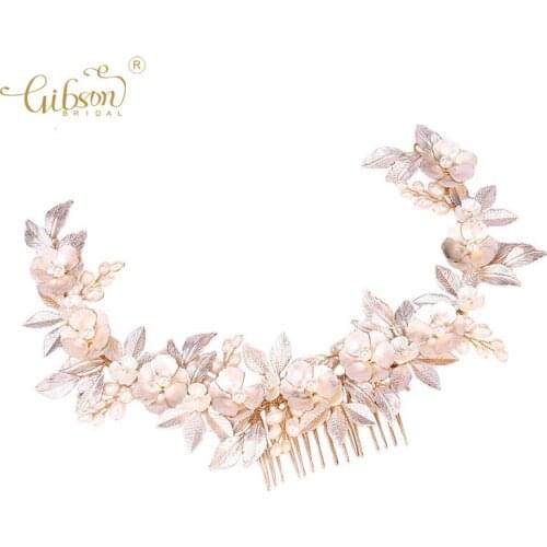 Wedding Hair Accessories Handmade Alloy Flower Freshwater Pearl Long Hair Combs Bridal Headpiece Jewelry
