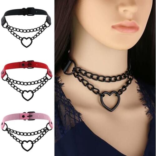 Goth Punk Adjustable Choker PU Leather Thick Metal Chain Neck Heart Pendant Charms Collar Necklace Women Crazy Party Jewelry