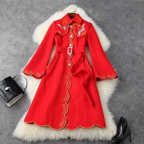 European and American womens wear 2020 winter new style Long sleeve embroidered buttons Fashionable belted woolen coat