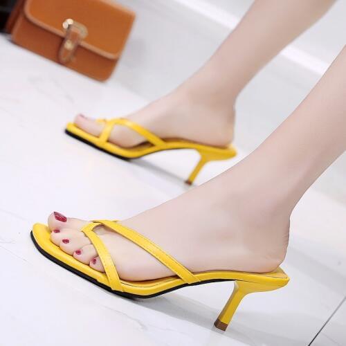 Women Slippers Summer Outdoor Flip Flops Square Toe high Heel Sandals Pu Leather Slippers Solid Flip Flops Plus Size Slides