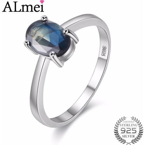 Almei Oval Cut Simple Created Blue Sapphire Engagement Real 925 Sterling Silver Ring Unique Design for Women Free Box 40% FJ098