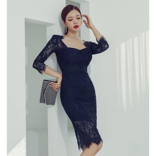 New arrival fashion spring midi party dress women OL temperament sexy lace perspective square neck tassel slim holiday dress