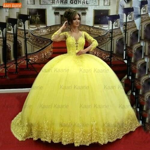 Elegant Yellow Wedding Dress Long Sleeves 2021 Robe De Mariée Lace Beading Custom Made Bridal Gowns Arabian O Neck Suknia Slubna