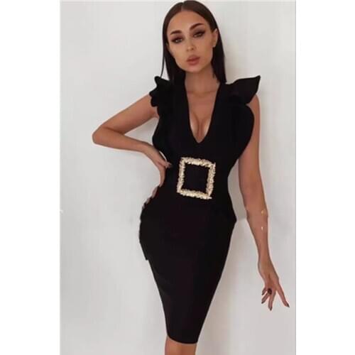 High Quality Fashion Sexy V Neck Sequined Ruffles Black Women Bodycon Bandage Dress 2021 Designer Evening Party Dress Vestido