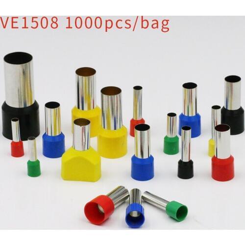 1000pcs/pack E1508 PVC Insulated Wire Terminals Bootlace Ferrules For 1.5mm2, 16 AWG Wire, 8mm of Pin Length VE1508 Brass tubes