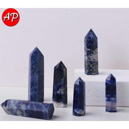 5-8cm Natural Blue Quartz Wand Sodalite Column Crystal Point Ornament for Home Decor Reiki Energy Stone Pyramid