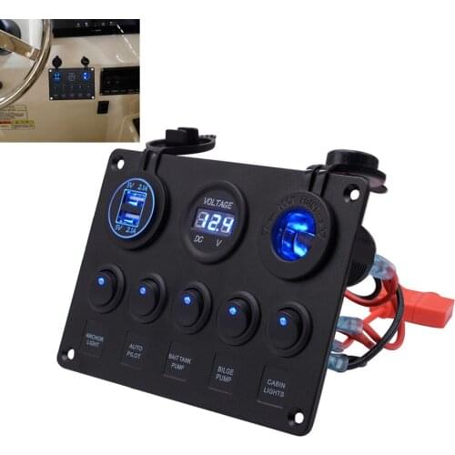 5 Gang Rocker Switch Panel 4.2A Dual USB Socket LED Voltmeter Cigarette Lighter for 12V Car Boat Yacht Caravan Truck Waterproof
