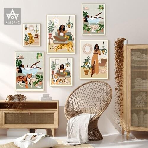 African Art Black Woman Painting Girl Canvas Cuadros Posters and Prints Cheetah Tropical Boho Wall Art Pictures for Bedroom Home