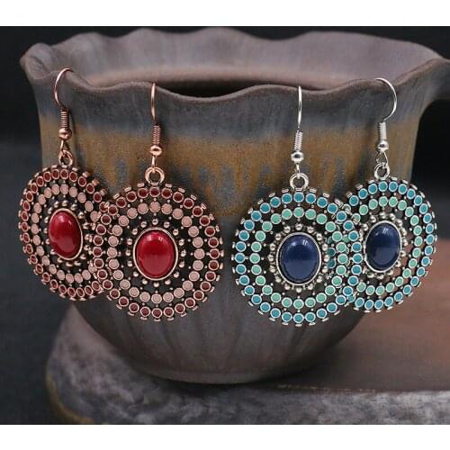 Boho Vintage Round Drop Earrings for Women Ethnic Style Colorful Flower Shaped Geometric Charm Womens Earrings Trendy Jewelry