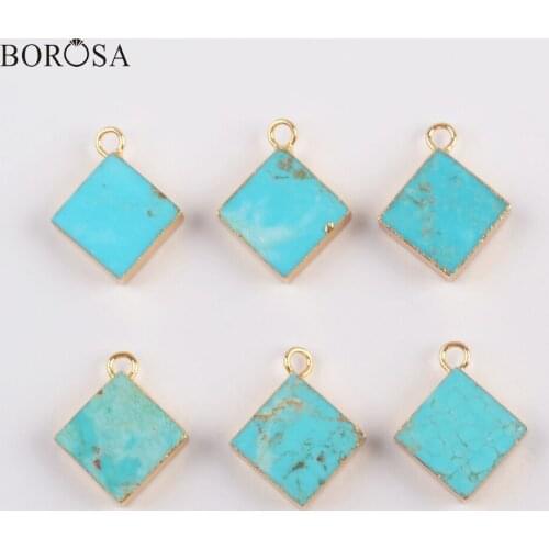 BOROSA Design 10PCS 15x15mm Rhombic Gold Color Natural Turquoises Charm Gems Pendant for Earrings for Necklace Jewelry G1828