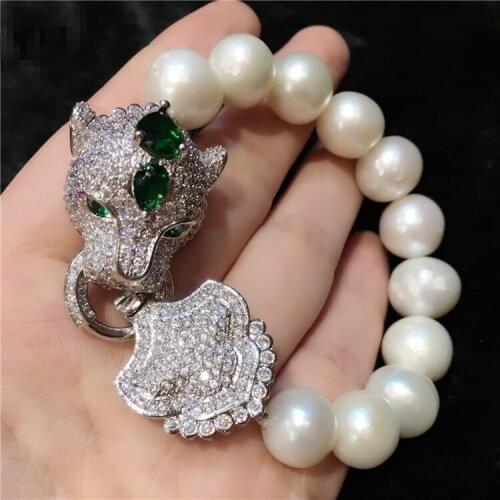 Handmade leopard head micro inlay zircon clasp Natural white edison pearl bracelet bracelet gift box packing