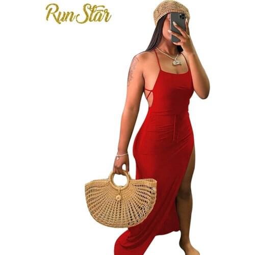 RunStar Backless Long Satin Dress Women Spaghetti Strap Maxi Sexy Summer Dress Elegant Black Red Party Dress Female Clothing
