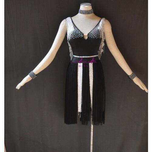 KAKA-L1566,Black Velvet Women Dance Wear,Girls Fringe Latin Dress,Salsa Dress Tango Samba Rumba Chacha Dress,Dance Latin dress