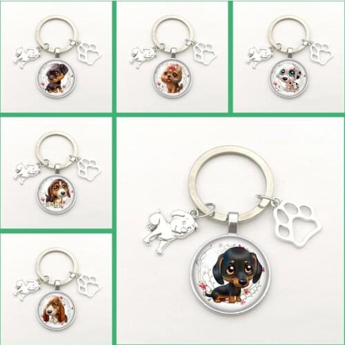 Fashion Keychain Dog Alloy Pendant Photo Glass Convex Cute Dog Paw Print Pendant Key Ring Mody Charm Gifts for Men Women Chains