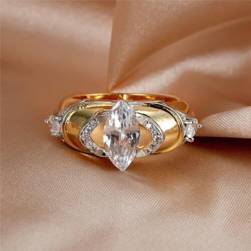 Male Female Marquise White Crystal Jewelry Retro Gold Silver Color Wedding Rings For Women Men Charm Leaf Zircon Engagement Ring