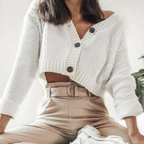 New Women Autumn Twist Knitted Short Jacket Loose Cropped Sweater Buttons Cardigan Pullover