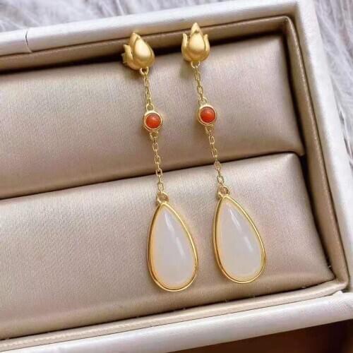 New inlaid with natural Hotan white jade drop shaped long earrings retro court style flowers fresh charm womens brand jewelry