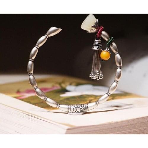 New original lotus root tassel natural Hetian white jade bracelet Chinese retro light luxury charm womens brand silver jewelry