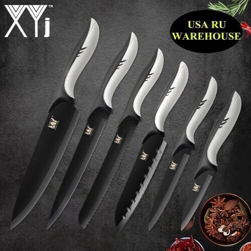 XYj Stainless Steel Kitchen Knives 6pcs Black Blade Knives Chef Bread Slicing Santoku Utility Paring Knife Sheath Cooking Tools