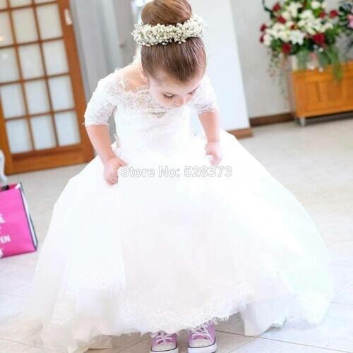 YNQNFS FG15 Real Photo Shoot Pageant Birthday Party Dress Wedding Boat Neck French Lace Half Sleeves Flower Girl Dresses