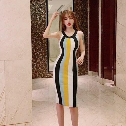Striped Womens Clothing Fashion Summer Knitted Dresses Ladies New Sexy Style Club Bodycon Dress Halter Sleeveless Off Shoulder